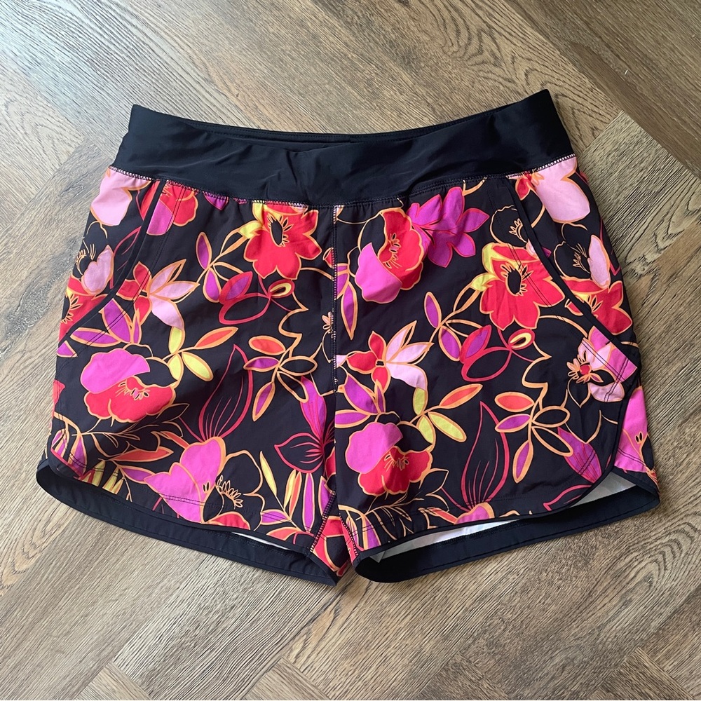 Lands' End Black Floral Swim Coverup Shorts with Pink and Yellow Flowers